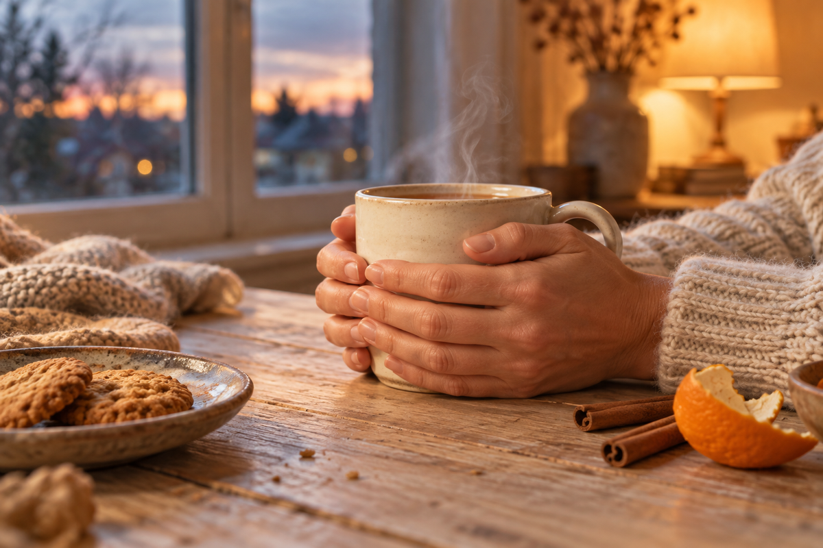 Des mains autour d’une tasse chaude, un tricot doux, de l’orange et de la cannelle dans une lumière chaleureuse du soir