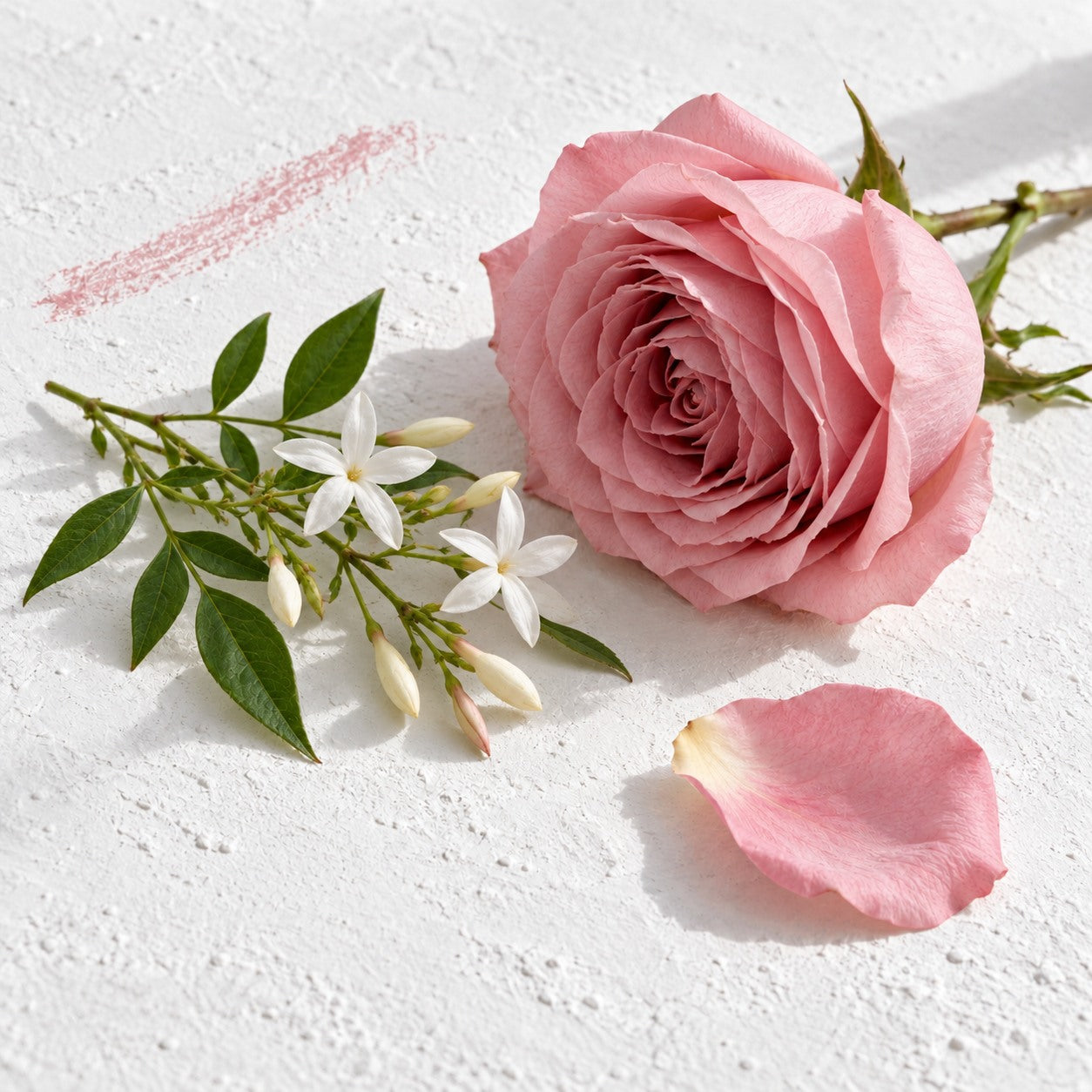 Botanisches Stillleben mit einer rosafarbenen Rose und weissen Jasminblüten